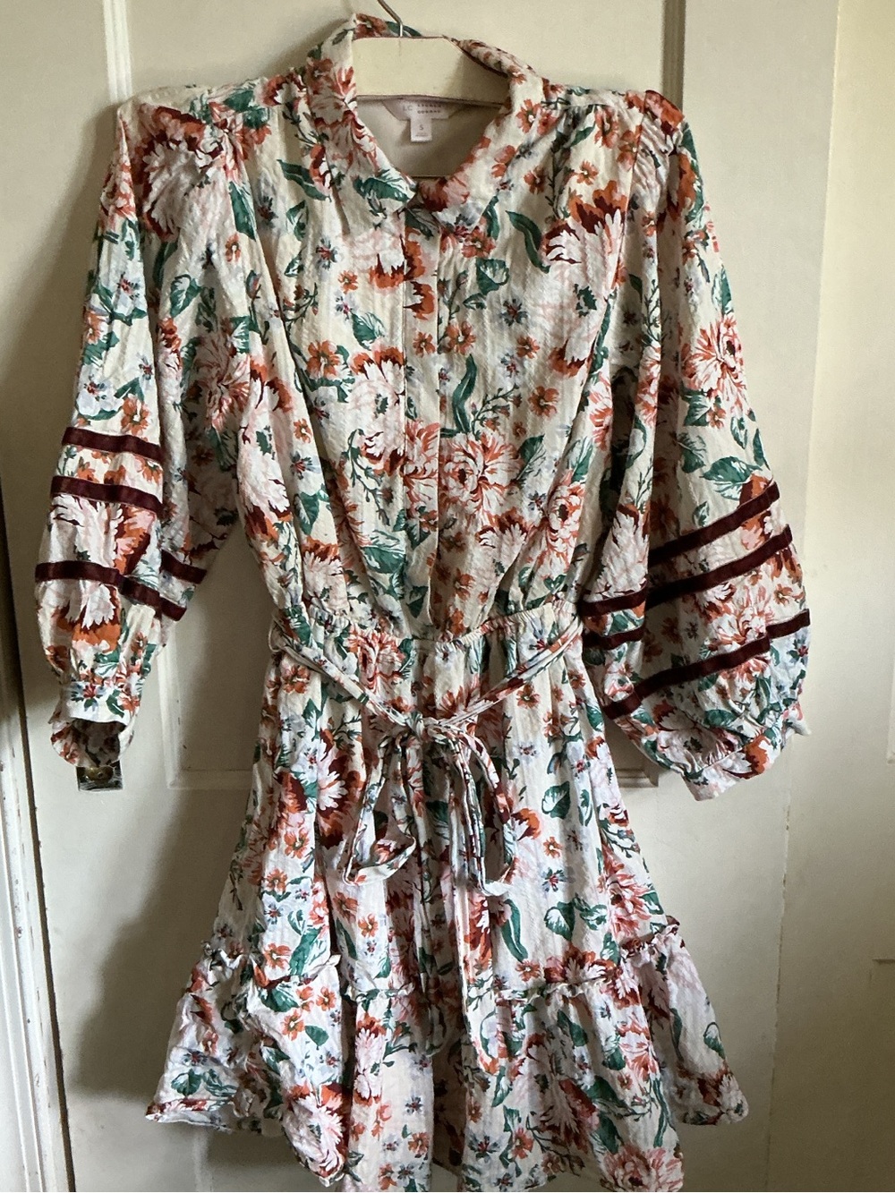 LC Lauren Conrad White Floral Button-Front Dress with Rust & Green Print